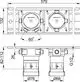 Technisches Diagramm eines Grundkörper-Sets von Keuco mit zwei Anschlüssen, Maßangaben und Details zur Montage, dargestellt in Draufsicht und Seitenansicht.